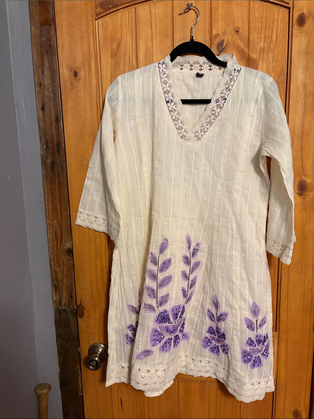 Women’s Cream dress with Purple Floral Embroidery